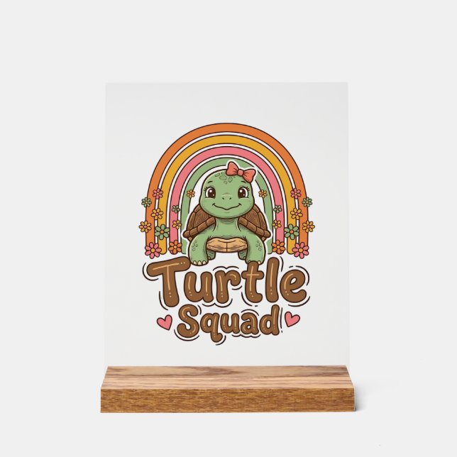 Cute Turtle Squad Rainbow Floral Vector Design_1 Acrylic Sign (Front)