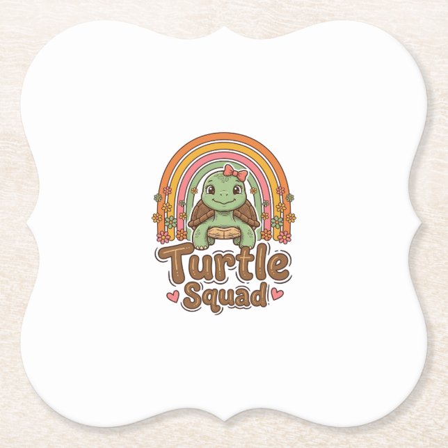 Cute Turtle Squad Rainbow Floral Vector Design_1 Paper Coaster (Front)