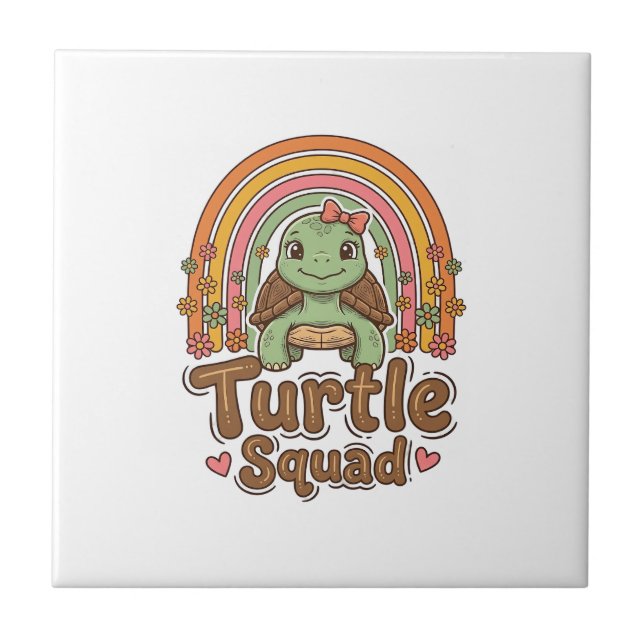 Cute Turtle Squad Rainbow Floral Vector Design_1 Tile (Front)