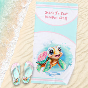 Cute Turtle Summer Vacation Name Girl Beach Towel