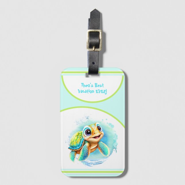 Cute Turtle Summer Vacation Personalised Boy  Luggage Tag (Front Vertical)