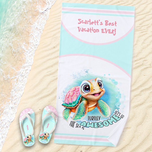 Cute Turtle Summer Vacation Personalised Girl  Beach Towel (Creator Uploaded)