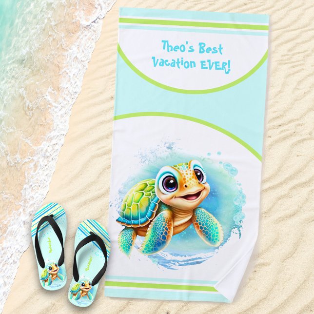 Cute Turtle Summer Vacation Personalised Name Boy Beach Towel (Creator Uploaded)