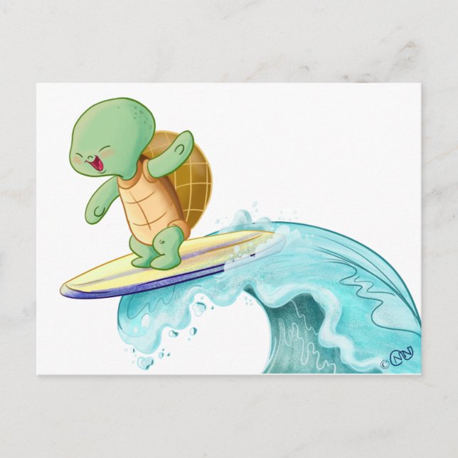 Cute Turtle Surfing Kawaii Postcard (Front)