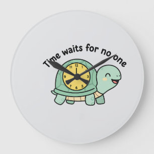 Cute Turtle "Time Waits For No One" Motivati Large Clock