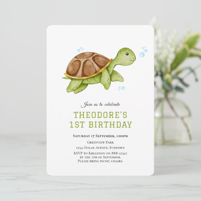 Cute Turtle Under the sea 1st birthday invitation (Standing Front)
