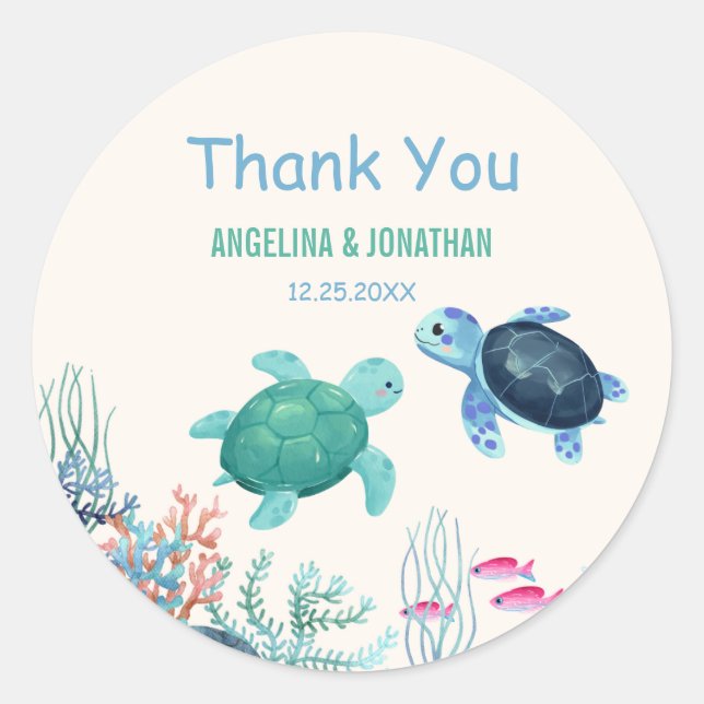 Cute Turtle Under The Sea Joint Birthday Classic Round Sticker (Front)