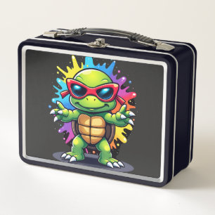 Cute Turtle Wearing Sunglasses Paint Splash Sea An Metal Lunch Box