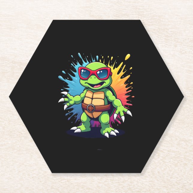 Cute Turtle Wearing Sunglasses Paint Splash Sea An Paper Coaster (Front)
