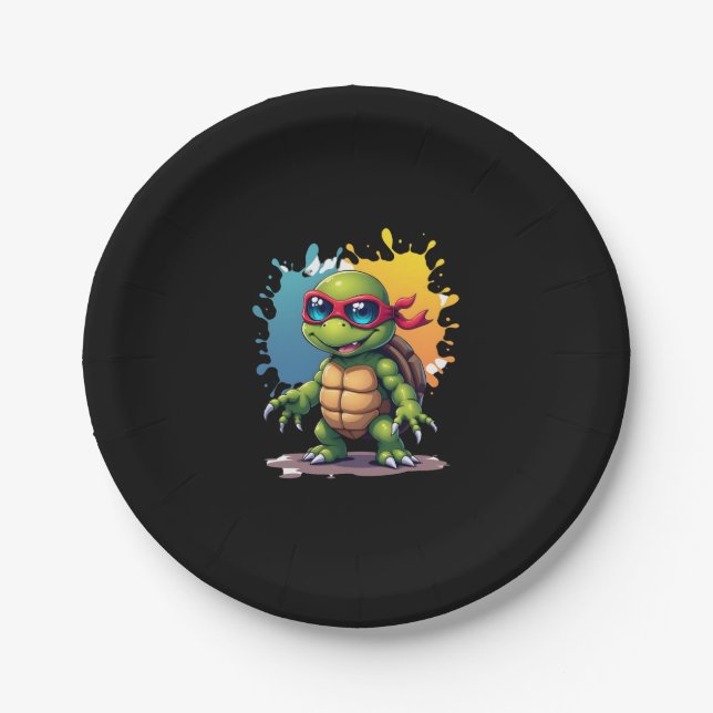 Cute Turtle Wearing Sunglasses Paint Splash Sea An Paper Plate (Front)