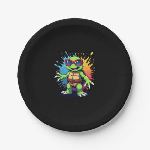 Cute Turtle Wearing Sunglasses Paint Splash Sea An Paper Plate