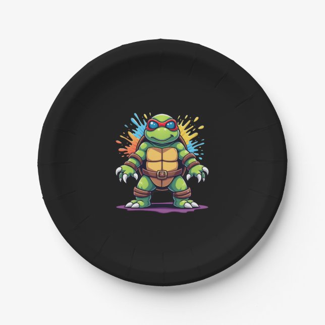 Cute Turtle Wearing Sunglasses Paint Splash Sea An Paper Plate (Front)