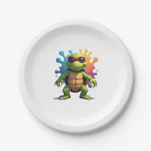 Cute Turtle Wearing Sunglasses Paint Splash Sea An Paper Plate