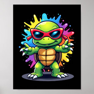Cute Turtle Wearing Sunglasses Paint Splash Sea An Poster