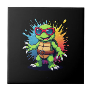Cute Turtle Wearing Sunglasses Paint Splash Sea An Tile