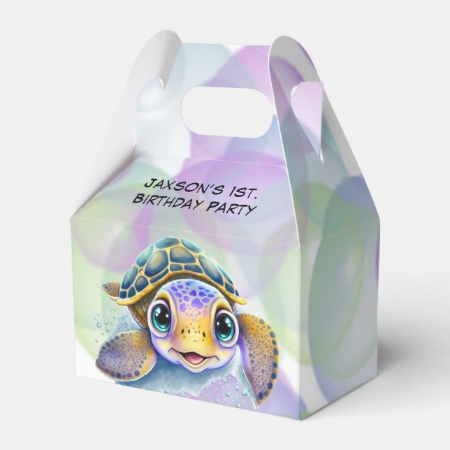 Cute Turtle with Bubbles 1st. Birthday Party Favour Box (Front Side)