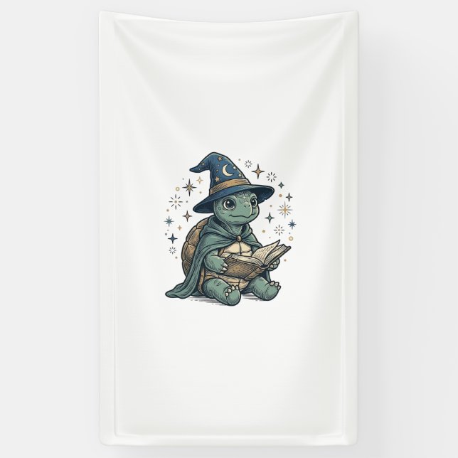 Cute Turtle Wizard Reading Spellbook Vector Design Banner (Vertical)
