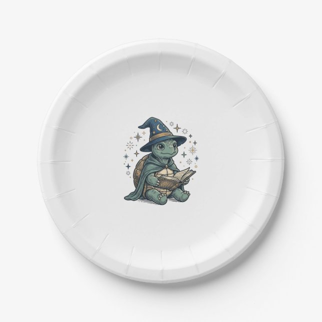 Cute Turtle Wizard Reading Spellbook Vector Design Paper Plate (Front)