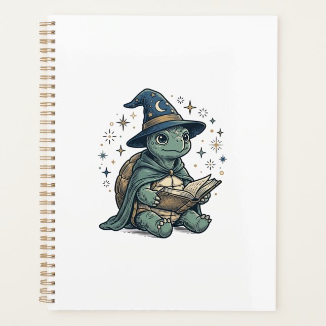 Cute Turtle Wizard Reading Spellbook Vector Design Planner (Front)