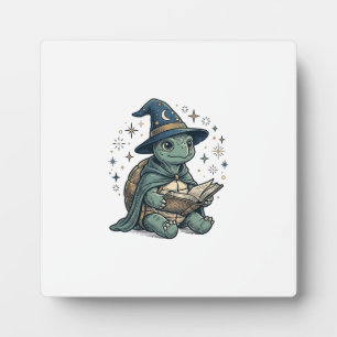 Cute Turtle Wizard Reading Spellbook Vector Design Plaque