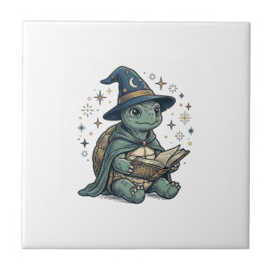Cute Turtle Wizard Reading Spellbook Vector Design Tile