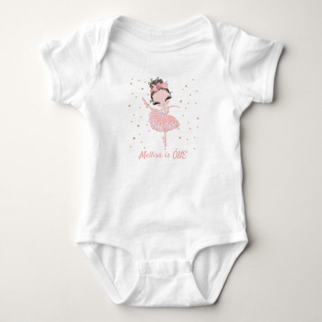 Cute Tutu Ballerina Girl First Birthday Baby Bodysuit (Front)