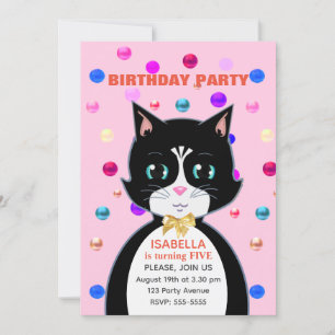 Cute Tuxedo Birthday Cat on Light Pink Invitation