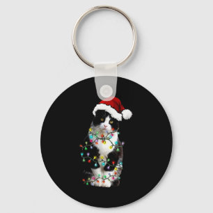 Cute Tuxedo Black Cat Christmas Light Cat Christma Key Ring