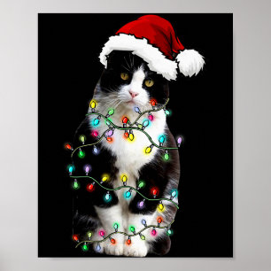 Cute Tuxedo Black Cat Christmas Light Cat Christma Poster