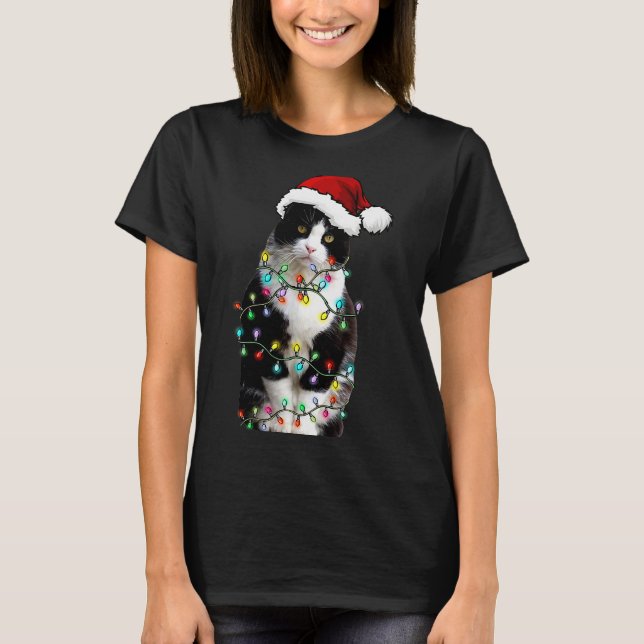 Cute Tuxedo Black Cat Christmas Light Cat Christma T-Shirt (Front)