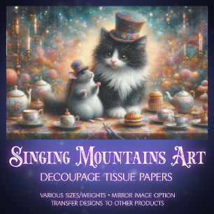 Cute Tuxedo Cat and Mouse Fantasy Decoupage. Tissue Paper