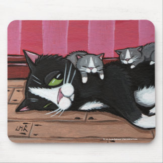 Cute Tuxedo Cat Babysitting Kittens Mousepad