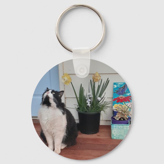 Cute Tuxedo Cat Black White Cats Floral Daffodil   Key Ring (Front)