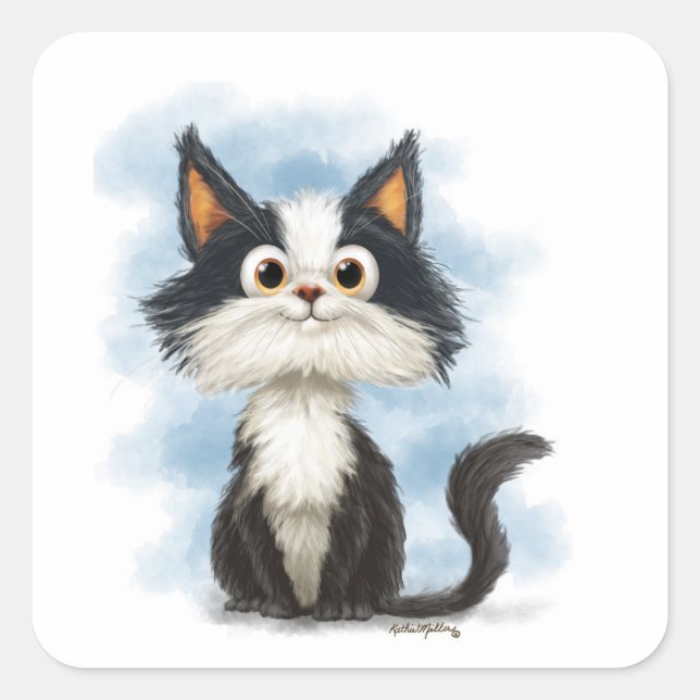 Cute Tuxedo Cat Cartoon Square Sticker (Front)