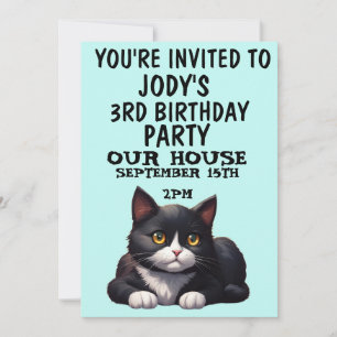 CUTE TUXEDO CAT CHILDS BIRTHDAY PARTY INVITATIONS
