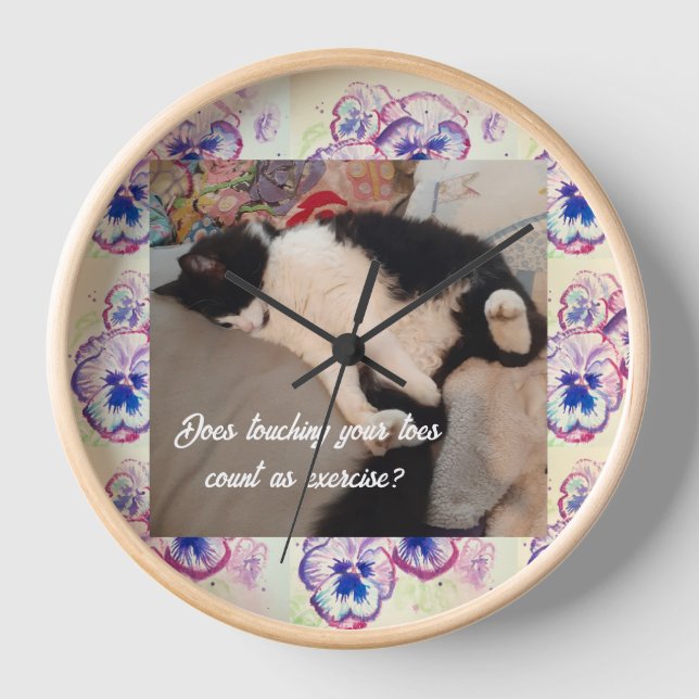 Cute Tuxedo Cat Childs Funny cats Purple Floral Clock (Front)