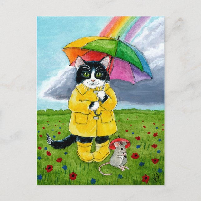 Cute tuxedo cat, mouse, with rainbow umbrella postcard (Front)