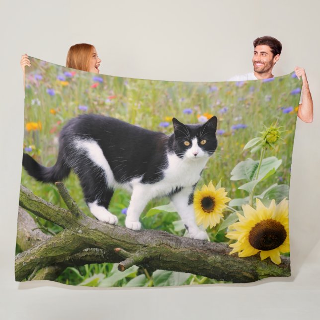 Cute tuxedo cat on a tree branch with sunflowers _ fleece blanket (In Situ)