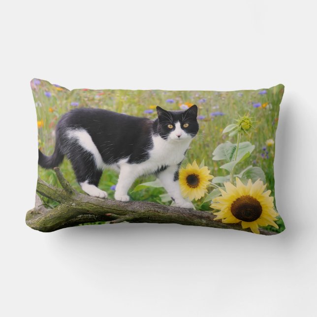 Cute tuxedo cat on a tree branch with sunflowers lumbar cushion (Front)
