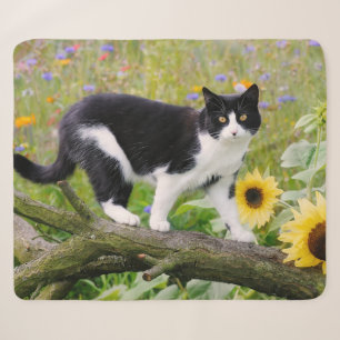 Cute tuxedo cat on a tree branch with sunflowers - sherpa blanket