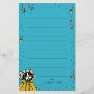 Cute Tuxedo Cat & Raining Mice Lined Personalised Stationery