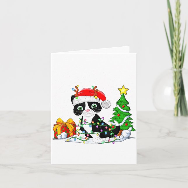 Cute Tuxedo Cat Santa Christmas Tree Lights Xmas T Card (Front)