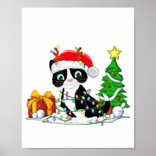 Cute Tuxedo Cat Santa Christmas Tree Lights Xmas T Poster