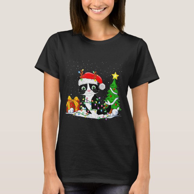 Cute Tuxedo Cat Santa Christmas Tree Lights Xmas T T-Shirt (Front)