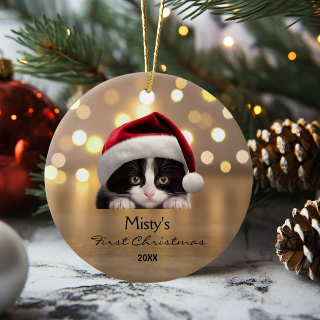Cute Tuxedo Cat Santa Hat Gold Personalised  Ceramic Tree Decoration (Creator Uploaded)