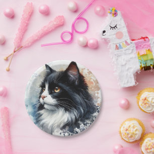 Cute Tuxedo Cat Watercolor Art Paper Plate