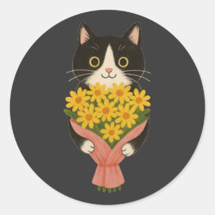 Cute Tuxedo Cat with Sunflowers Bouquet Classic Round Sticker