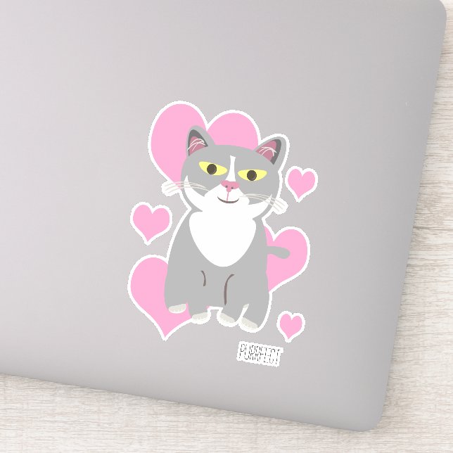 Cute Tuxedo Grey Cat Hearts Fun Pet Cartoon (Detail)