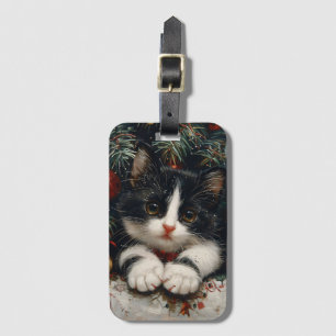 Cute Tuxedo Kitten Christmas Cat Art Luggage Tag