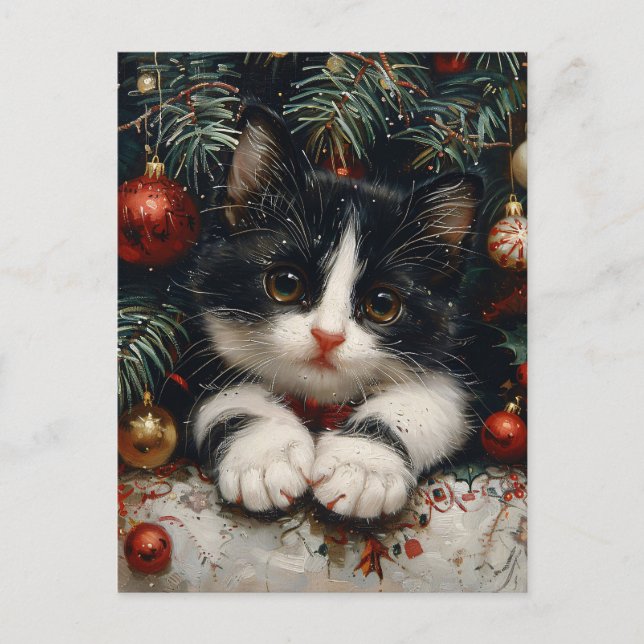 Cute Tuxedo Kitten Christmas Cat Art Postcard (Front)